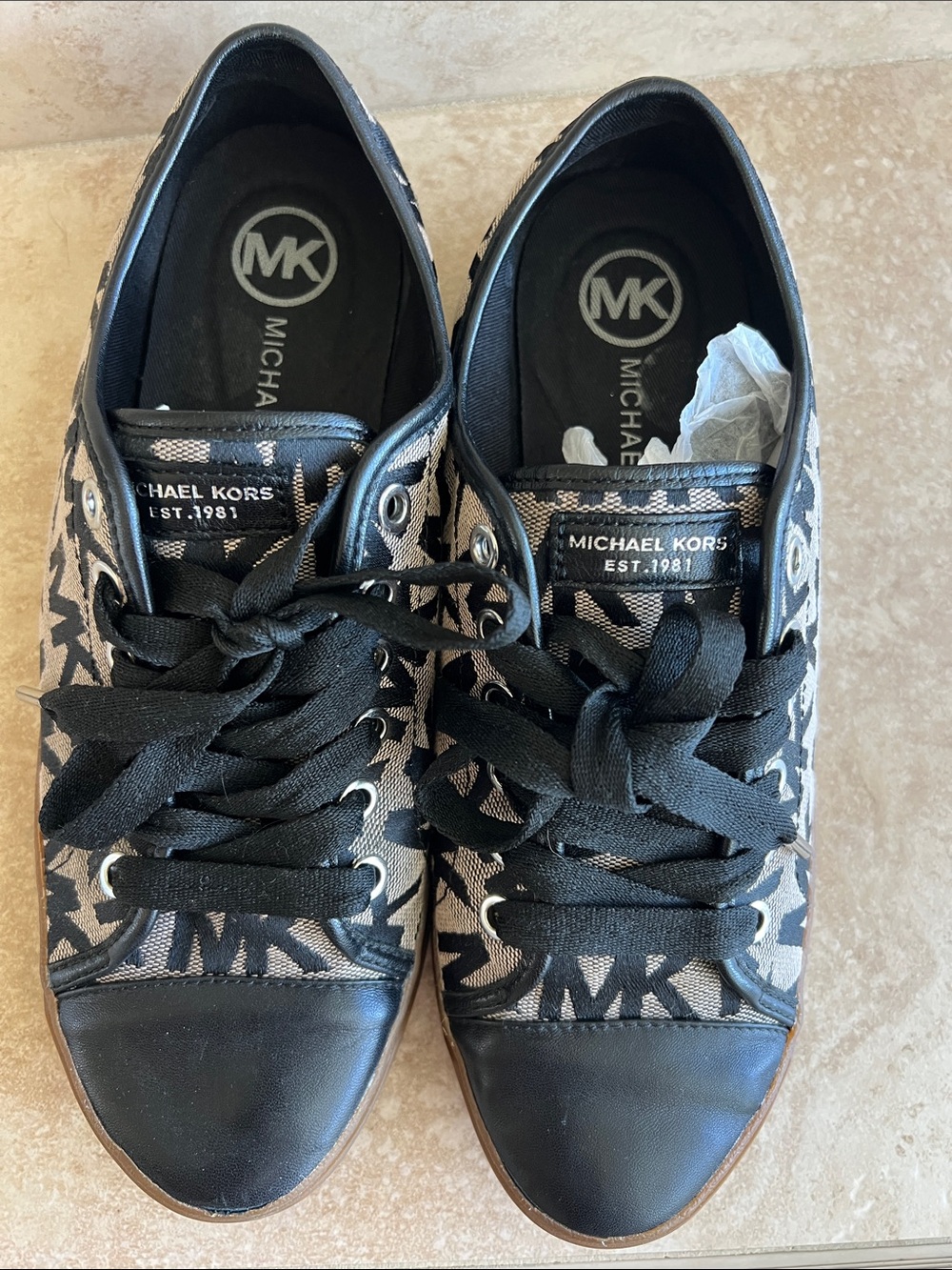 Michael Kors Black and Brown MK Logo Canvas Lace-Up Sneakers